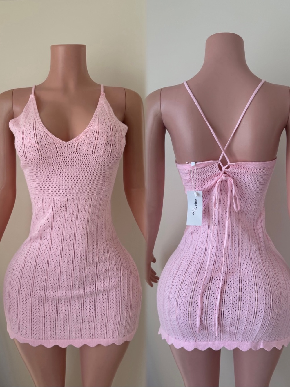 Pink Crochet Knit Mini Dress with Tie Back
